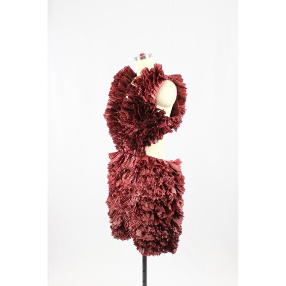 ASOS LUXE Oxblood Red Pleated Ruffle Plunge Neck Mini Halter Dress, Size 10 - Picture 4 of 16